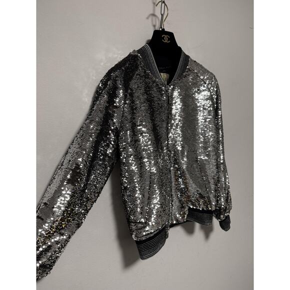 Libertine Jacket Womens Medium Silver Sequin Bomber Zip Handmade USA Riri Lined - Picture 7 of 14
